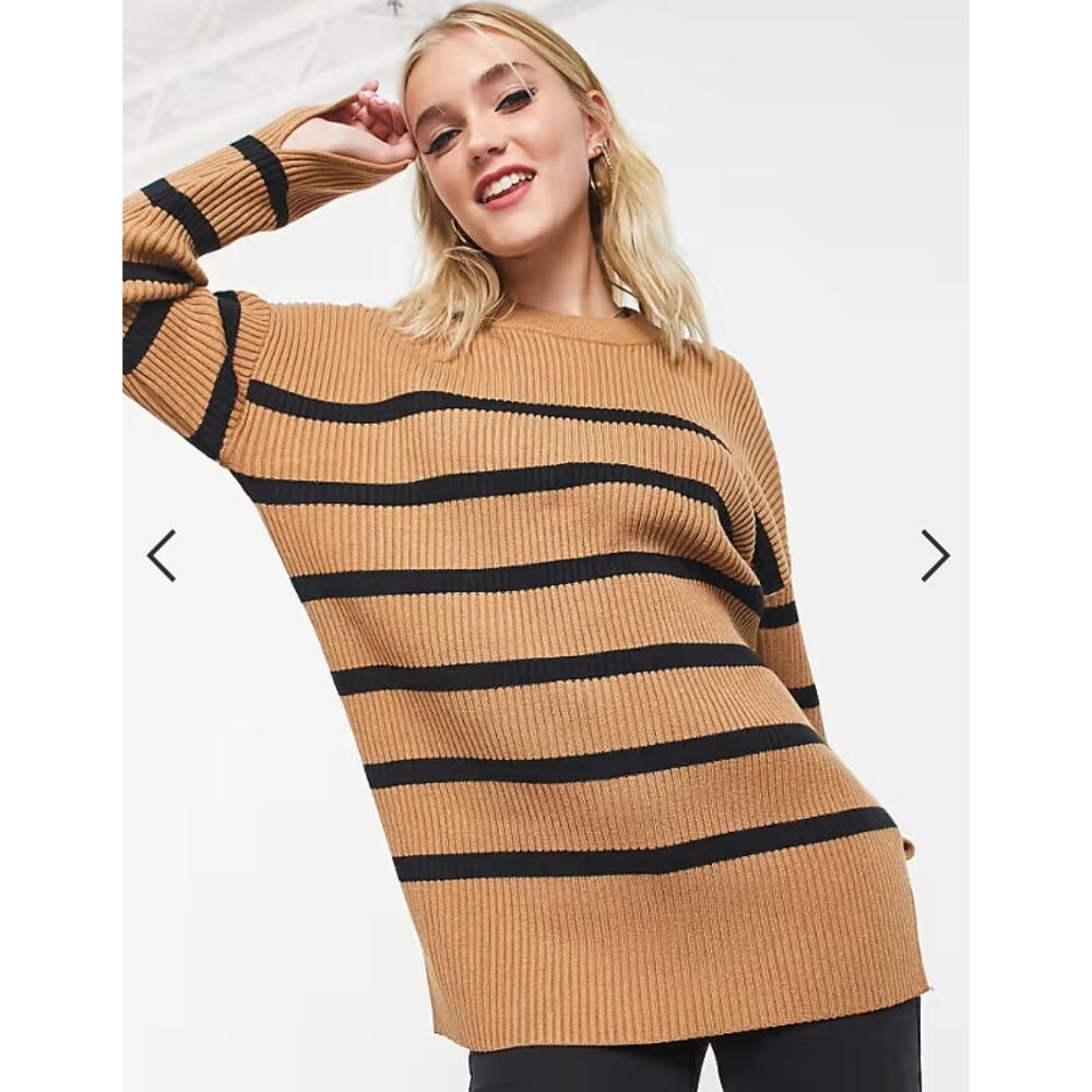 NWOT Abercrombie & Fitch  Brown Blue Stripe Ribbed Crewneck Sweater Minimal XS